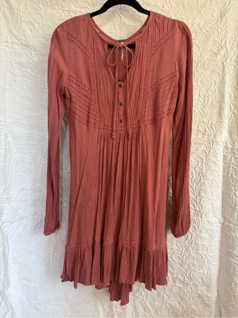 Free People Long-Sleeve Tie-Neck Dress in Dusty Rose